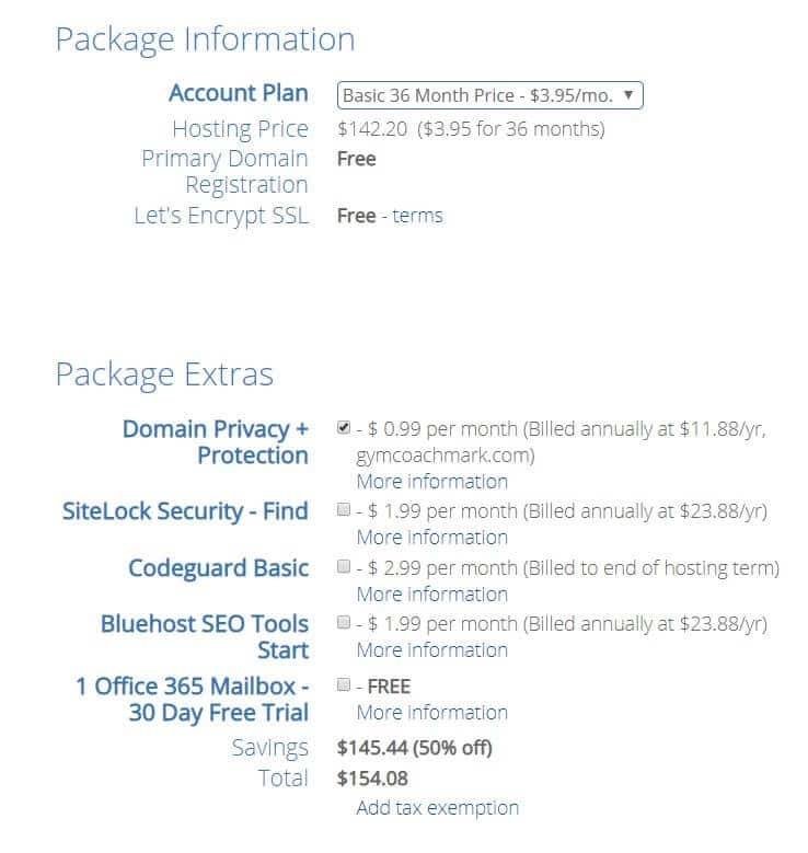 Bluehost 計劃選項